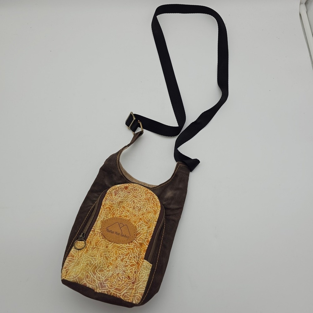 Mountain Moon Handbags Water bottle Canvas tote purse Brown & Yellow patterned